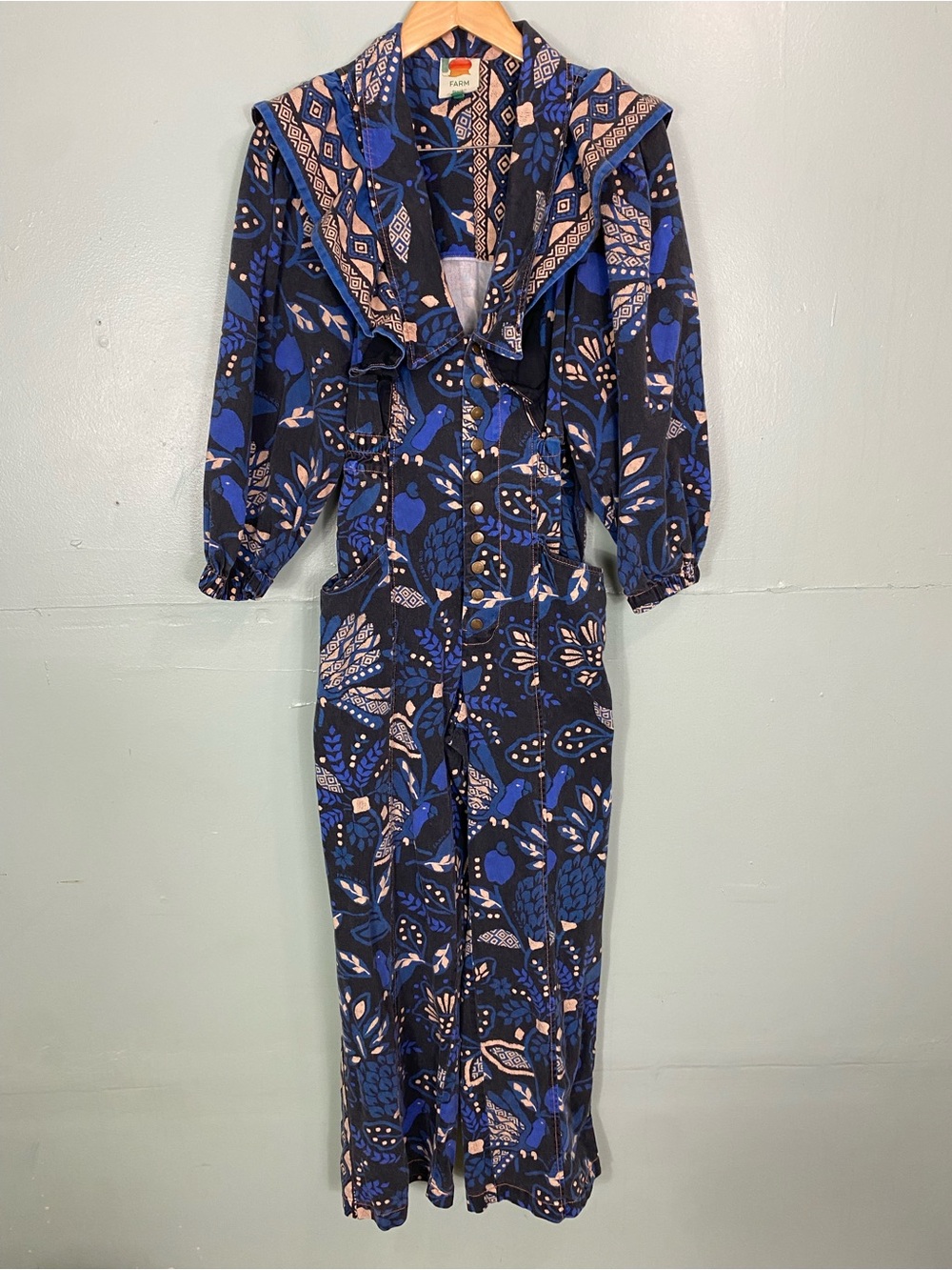 Farm Rio Macaw Forest Coveralls Bird Print Blue Black‎ Small - Picture 2 of 7
